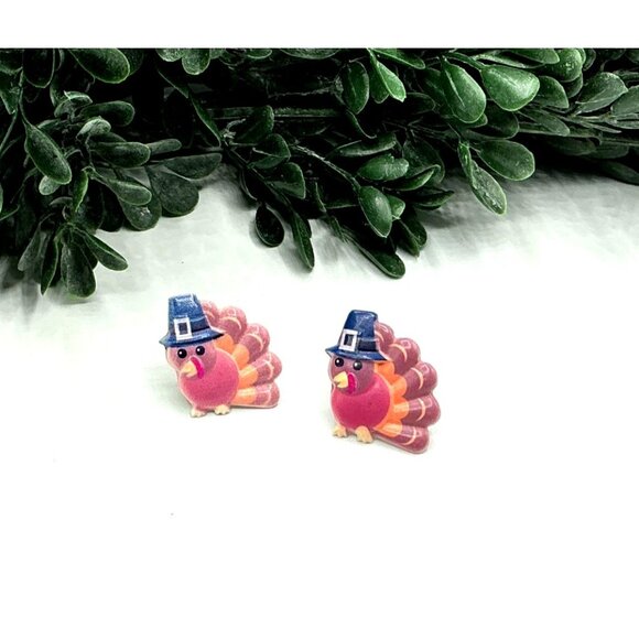 Thanksgiving Turkey Stud Earrings With Pilgrim Hats - Picture 2 of 4